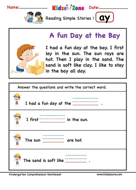 Reading Comprehension Stories with ay word Family Ay Words Worksheet, Ay Word Family, Word Family Reading Comprehension, Ay Story, Family Reading Comprehension, Kindergarten Comprehension Worksheets, Phonics Rhymes, At Word Family, Kindergarten Comprehension