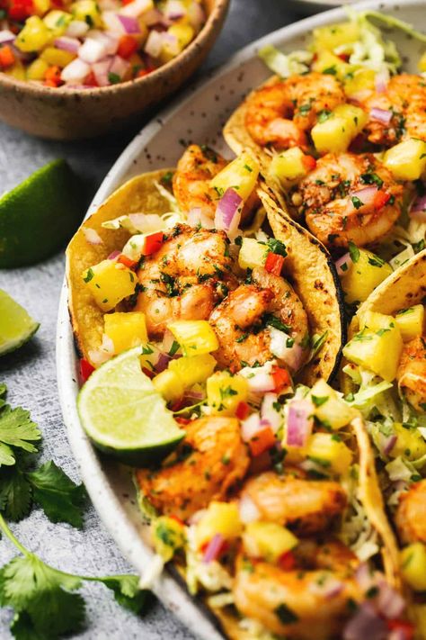 Pineapple Shrimp Tacos, Shrimp Tacos With Pineapple Salsa, Burbon Chicken, Lime Shrimp Tacos, Shrimp Tortilla, Tacos With Pineapple Salsa, Cilantro Lime Shrimp Tacos, Tacos With Pineapple, Pineapple Shrimp