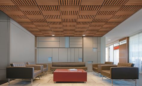 Wood Ceiling Panels, Wood Slat Ceiling, Wooden Ceiling Design, Acoustic Ceiling Tiles, Acoustic Ceiling Panels, False Ceiling Bedroom, Acoustic Ceiling, Office Light, Types Of Ceilings