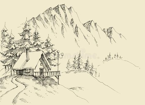 Winter alpine landscape. And winter holiday cabin sketch. Hand drawing background for tourism vector illustration Cottage Drawings Simple, Drawing Backgrounds Ideas Sketch, Sketch Christmas, Holiday Sketches, Cottage Sketch, Winter Sketches Simple, Christmas Landscape Drawing, Winter View Drawing, Sketches Of Cottages