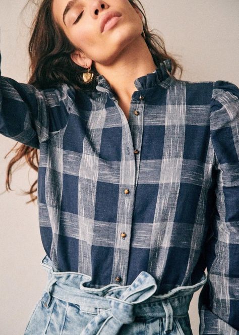 Denim Essentials, Blue Check, Blue Blouse, Parisian Style, Covered Buttons, Winter Collection, Plaid Shirt, Chambray, Women's Plaid Shirt