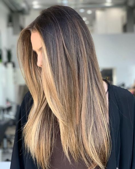 Brunette Blonde Highlights Straight, Natural Hair Color Ideas For Straight Hair, Baylage Straight Hair Brown, Blond Highlights On Straight Hair, Half Head Highlights Straight Hair, Boliage Hair Straight Hair, Baylage Brunette Straight, Natural Balayage Straight Hair, Balage Hair Brown Straight