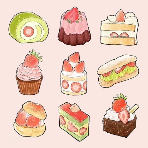 Sticker Album Diy, Penpal Inspiration, Illustration Strawberry, Aesthetic Dessert, Dessert Drawing, Cake Stickers, Desserts Drawing, Chibi Food, Whimsical Art Journal