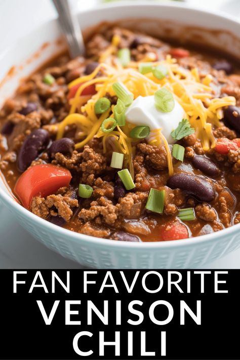 Venison Chili is a versatile and delicious dish that you can make with ground deer meat and some pantry staples. It’s perfect for the cold months of hunting season or any time you crave some comfort food. Deer Chunk Recipes, Chili Recipe Venison, Homemade Deer Chili Recipe, Ground Venison Chili Recipes, Best Venison Chili Recipe, Venison Chili Crockpot, Venison Chili Recipes, Deer Chili Recipe Crockpot, Deer Soup Recipes