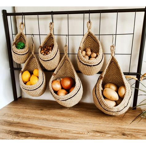 Jute Basket With Black Stripe Jute Hanging Wall Baskets | Etsy Wall Basket Storage, Hanging Wall Baskets, Produce Storage, Hanging Fruit Baskets, Rustic Baskets, Jute Hanging, Basket Kitchen, Wall Hanging Basket, Wall Baskets