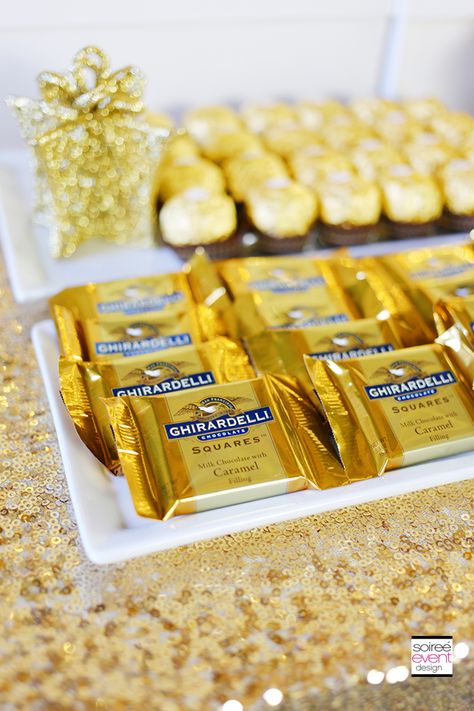 Golden Party Favors, White And Gold Party Favors, Orange And Gold Dessert Table, Gold And Silver Candy Table, Christmas Party Candy Table, Gold Snacks For Party, 25th Golden Birthday Ideas For Him, Gold Party Favors For Adults, Gold Party Snacks