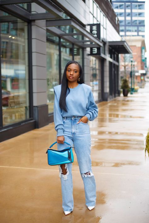 Light Blue Mom Jeans Outfit Winter, Light Blue Jeans Outfit Spring, Light Blue Sweater Outfit Winter, Baby Blue Blouse Outfit, Light Blue Sweatshirt Outfit, Baby Blue Outfits For Women, Baby Blue Sweater Outfit, Baby Blue Top Outfit, Light Blue Top Outfit