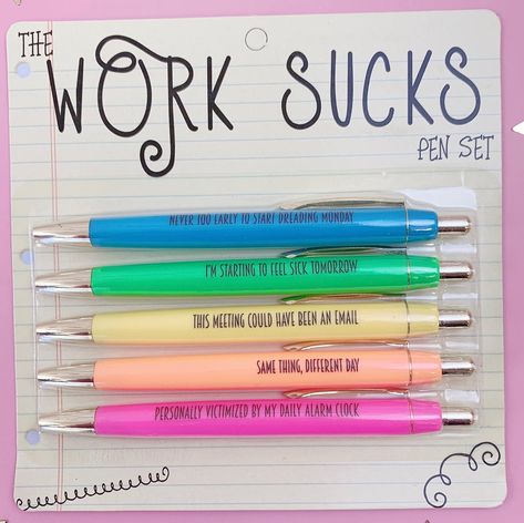 Adulting is never easy so bring these black ink perfect pens to work and maybe you'll get a job well done from your boss. Pens read: Never too early to start dreading Monday I’m starting to feel sick tomorrow This meeting could have been an email Same shit, different day Personally victimized by my daily alarm clock By Fun Club Funny Gifts For Him, Funny Mom Gifts, Ink Pens, Best Pens, Glitter Pens, Writing Pens, Feeling Sick, Gifts For Adults, Ballpoint Pens