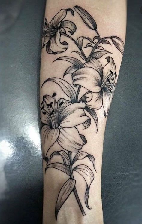 Unique Bicep Tattoos For Women, Tiger Lily Sleeve Tattoo, Black And White Tiger Lily Tattoo, Lily Chest Tattoo, Lilly Tattoo Sleeve, Lily Flower Tattoos Sleeve, Tiger Lily Tattoo, Lilly Tattoo, Tiger Lily Tattoos