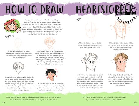 Alice Oseman's drawing tips “how to draw nick and charlie) , from 'The Heartstopper Yearbook.' How To Draw Like Alice Oseman, Heartstopper Artstyle, How To Draw Charlie Spring, Heart Stopper Drawing Ideas, Heartstopper Drawing Style, Nick And Charlie Drawing Easy, How To Draw Nick And Charlie, Heartstopper Art Style, How To Draw Heartstopper Characters