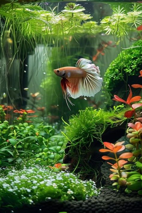 Enhance your betta's living conditions with our selection of ideal plants for a betta tank. Find out how these aquatic plants can provide necessary shelter, improve water quality, and add a pop of color to your aquarium. Dive into our blog post to start planning your tank's makeover. Colorful Aquarium Ideas, White Beta Fish Aesthetic, How To Aquascape, Betta Fish Tank Plants, Betta Planted Tank, Fish Tank Ideas Betta, Betta Fish Tank Ideas Aesthetic, Betta Tank Ideas, Beta Aquarium