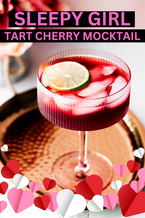 Sleepy Girl Tart Cherry Mocktail - this is the perfect alcohol-free night cap! Sleepy Girl Mock Tail Recipe, Sleepy Time Tea Mocktail, Tart Cherry Nighttime Drink, Tart Cherry Magnesium Drink, Tart Cherry Sleep Cocktail, Sleepy Time Cocktail, Cherry Drink For Sleep, Night Mocktail Recipe, Tart Cherry Drink Recipes