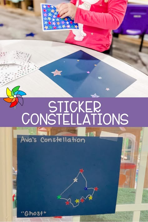 This fine motor sticker constellation activity is out of this world! When learning about Earth Day, you can also explore the planets, moon, and stars in the sky! 🌟 Learn more about this activity HERE!  #Prek #Preschool #Prekindergarten #Homeschool #Kindergarten Space Reggio Emilia, Space Light Table Activities, Preschool Stars Activities, Moon Lesson Plans Preschool, Space Shapes Preschool, Space Activity For Toddlers, Space Provocations Kindergarten, Day And Night Preschool Theme, Planet Earth Preschool Activities