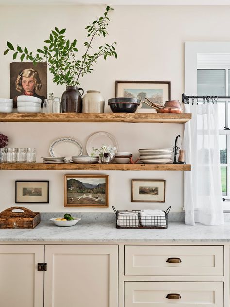 neutral farmhouse kitchen with rustic wood shelves Rustic Kitchen Shelves, Georgiana Design, Cabinet Trends, Kitchen Cabinet Trends, Modern Farmhouse Dining, Open Kitchen Shelves, Kitchen Shelf, Kitchen Decor Ideas, Farmhouse Dining Room