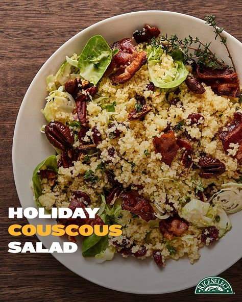 The bright colors and rich seasonal flavors of this Holiday Couscous Salad are perfect for the holidays. Made with crispy bacon, cranberries, brussels sprouts, and the premium taste of RiceSelect® Couscous. https://riceselect.com/recipe/holiday-couscous-salad-recipe Salad With Dried Cranberries, Salad With Fruit, Seasoned Chickpeas, Braised Duck, Couscous Salad Recipes, Vegetable Couscous, Sprouts With Bacon, Couscous Salad, Winter Recipes