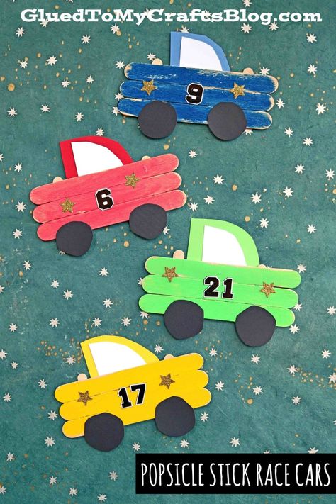 Super FAST Popsicle Stick Race Cars - Kid Craft Tutorial Car Popsicle Stick Crafts, Race Car Arts And Crafts, Car Craft Ideas, Race Car Crafts Preschool, Car Projects For Kids, Race Car Crafts For Kids, Craft Transportation For Kids, Racing Crafts For Kids, Cute Popsicle Stick Crafts