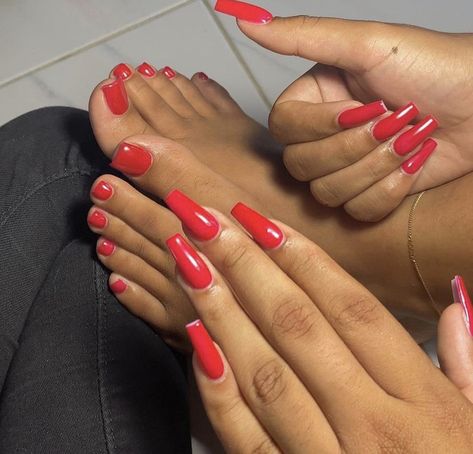 Red Toe Nails Black Women, Red Nails And Toes Matching, Red Acrylic Toe Nails, Red Acrylic Toes, Red Nails And Toes, Red Nails Black Women, Red Pedicure Ideas, Res Nails, Red Toe Nails