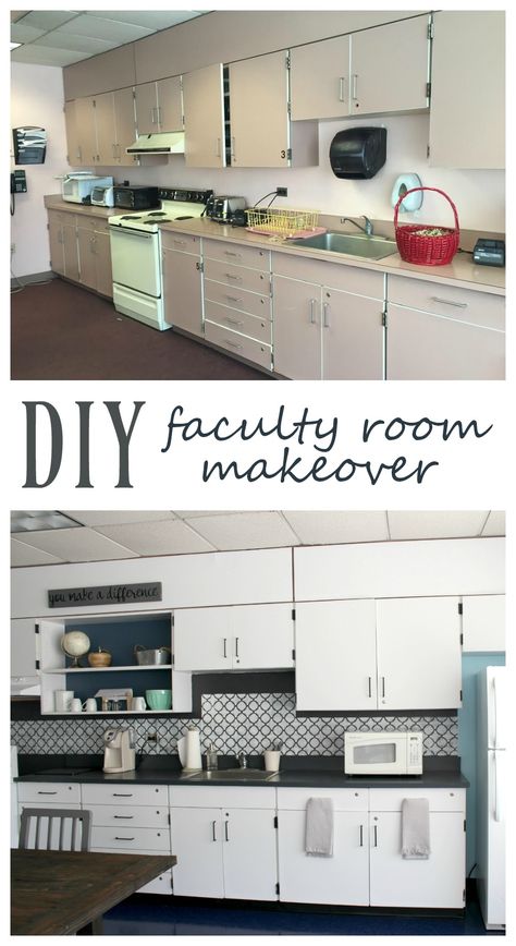 Amazing DIY small budget faculty room makeover - you won't believe how this room was transformed in such a small amount of time! Teacher Lounge Makeover On A Budget, Staff Wellness Room, Teachers Lounge Makeover On A Budget, Faculty Room Makeover, Small Break Room Ideas, Breakroom Ideas, Teachers Lounge Decor, Teacher Workroom, Faculty Room