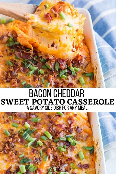 Cheesy Sweet Potato Casserole, Chili Cheese Sweet Potato Casserole, Bacon Sweet Potato Casserole, Bacon And Sweet Potato Recipes, Sweet Potato Casserole With Bacon, Sweet Potato Fries Casserole, Sweet Potato With Bacon, Sweet Potato Dinner Casserole, Sweet Potato Bacon Recipes