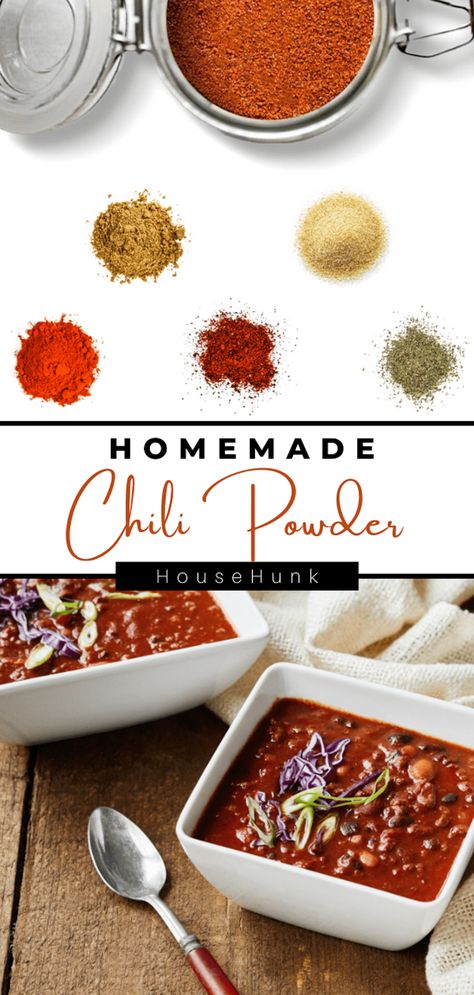 This Homemade Chili Powder Recipe with cayenne pepper, garlic powder, paprika, oregano, and cumin is perfect for adding flavor to your chili recipes and mexican food recipes. It is easy to make and is a great recipe for texmex, southwestern foods, dry rubs, and chili. #chili #seasoning #spices #homemadeseasonings Tap to see more recipes and cooking inspiration from House Hunk + Fatherhood at Its Finest Paprika Powder Recipe, Chili Powder Recipe, Homemade Chili Powder, Homemade Chili Recipe, Chili Chili, Dry Rubs, Dry Mixes, Drink Inspiration, Chili Seasoning