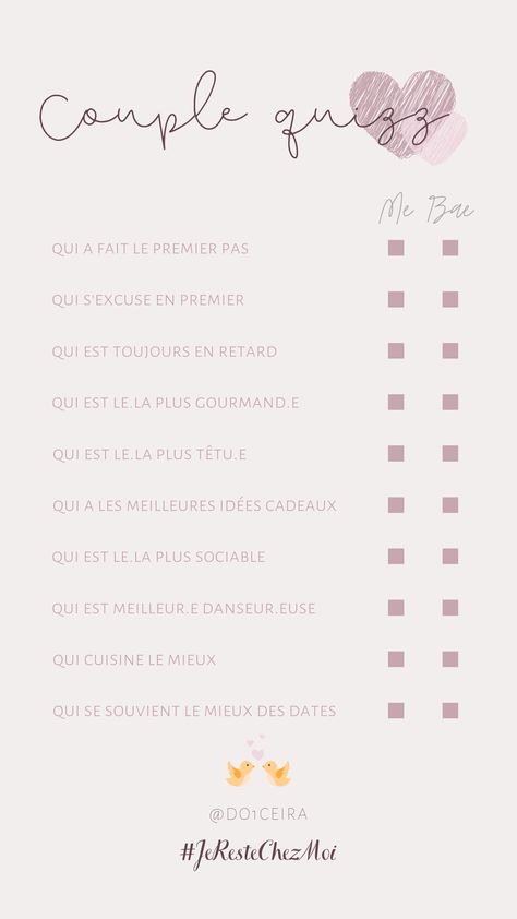 CRÉDIT @DO1CEIRA #couple #quizz #meorbae #instastory #instagram #template #confinement #blog #jerestechezmoi Questionnaire Couple, Diy Cadeau Couple, Question Couple, Journal Couple, Challenge Couple, Couple Template, Couples Quiz, Romantic Questions, Excel Budget