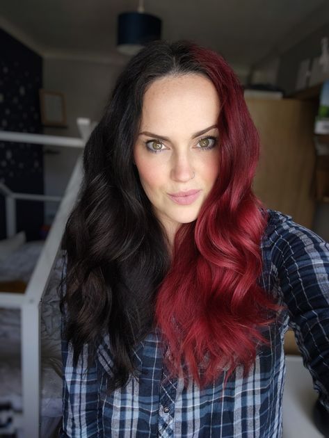 Half Black Half Cherry Red Hair, Magenta Split Dye, Split Dyed Hair Red And Brown, Burgundy Split Dye, Red And Brown Split Dye, Split Dye Red And Black, Black And Red Split Dye, Red Split Dye Hair, Red And Black Split Dye