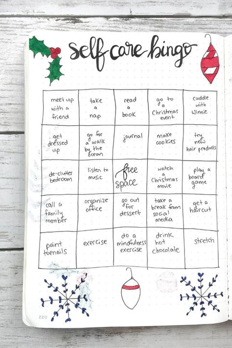 Self Care Bingo Bullet Journal, December Bullet Journal Pages, Bullet Journal Bingo, Bullet Journal Gift List, Bucket List Self Care, December Self Care, December Journal Ideas, Christmas Journal Pages, Self Care Bingo