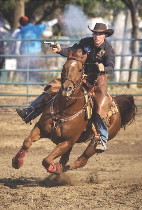 In this live-action photo Cowboy Mounted Shooting competitor Colt Worley illustrates how a single-action revolver requires two motions to fire it, as opposed to the single operation needed to discharge a double-action revolver. Cowboy Shooting, Cowboy Killer, Mounted Shooting, Cowboy Action Shooting, Photo Study, Deer Species, 38 Special, Concept Ideas, Action Poses