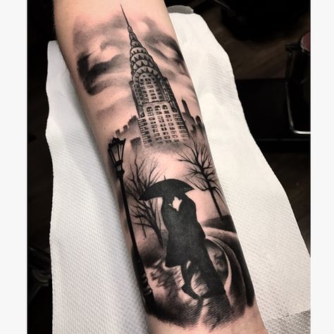 Credit to Si Burns @suburan ink marple -New York Chrysler building and Central Park #newyork #tattoo Chrysler Building Tattoo, Tattoo New York, New York Trip, New York Tattoo, Nyc Tattoo, City Tattoo, Half Sleeve Tattoos For Guys, Black Tattoo, Chrysler Building