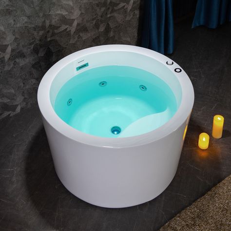 ᐅ【WOODBRIDGE 41" Acrylic Freestanding Round Contemporary Whirlpool Heated Jetted Tub with Pre-molded Seat and Chrome Pop-Up Drain and Overflow, White, BS0260-WOODBRIDGE】 Riverfront Design, Blue Bathroom Tiles, Bathroom Design Board, Japanese Bath House, Primary Bathroom Remodel, French Bathroom, Bathroom Makeover Ideas, Freestanding Bathtubs, Small Bathtub