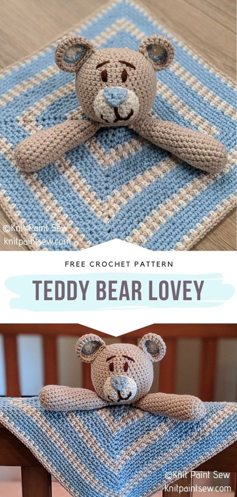 Crochet Bear Lovey Teddy Bear Lovey Free Crochet Pattern, Stitch Teddy, Crochet Lovely, Baby Rug, Bear Lovey, Crochet Granny Squares, Crochet Toys Free Patterns, Kids Crochet Pattern, Lovey Pattern