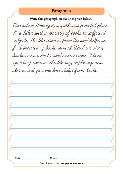 Library Passage in Cursive Writing (2-Lined Worksheet PDF) - SuryasCursive.com Cursive Paragraph, Cursive Writing Book, Paragraph Worksheets, Lowercase Cursive Letters, Teaching Cursive Writing, Learn To Write Cursive, Teaching Cursive, Learning Cursive, Cursive Handwriting Practice