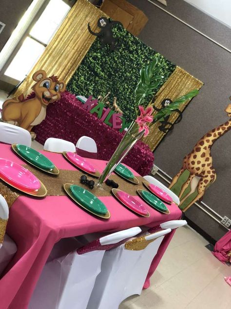 Barbie Safari Party, Pink Safari Baby Shower Ideas, Wild One Birthday Party Girls Diy, Safari Party Centerpieces, Pink Safari Birthday Party, Jungle Book Birthday Party, Four Ever Wild Birthday, Jungle Book Birthday, Two Wild Party