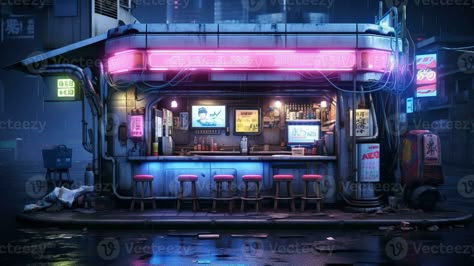 Generative AI, Cyberpunk style bar or cafe. Night scene of big city, futuristic nostalgic 80s, 90s. Neon lights vibrant colors, photorealistic horizontal illustration. Horizontal Illustration, Ville Cyberpunk, Techwear Cyberpunk, Neon Noir, Building Aesthetic, Night Bar, Pub Design, Cyberpunk Aesthetic, Cyberpunk City