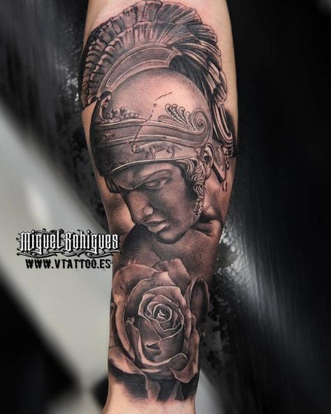 Greek Art Mythology, Greek Mythology Achilles, Calf Sleeve Tattoo, Hercules Tattoo, Religion Tattoos, Spartan Tattoo, Clock Tattoo Design, Statue Tattoo, Greek Mythology Tattoos