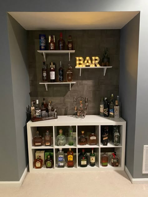 Small Bar Diy Ideas, Cantina Bar Ideas House, Bar Nook Ideas Living Room, Mini Bar In Bedroom Ideas, Mini At Home Bar, Cube Storage Snack Bar, Mini Bar In Basement Ideas, In Home Mini Bar, I’m Home Bar Ideas