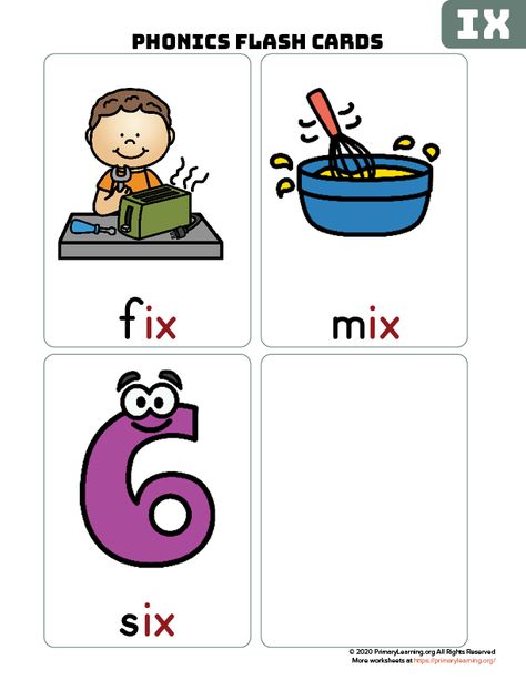 IX #wordfamily #flashcards help students learn to read. Words: fix, mix, six. #phonics #primarylearning #kindergarten https://primarylearning.org/worksheet/ix-word-family-flash-cards/?utm_source=pinterest&utm_medium=social&utm_campaign=fundamental_skills&utm_term=phonics&utm_content=flashcards Kindergarten Vocabulary, Vocabulary Flash Cards, Alphabet Phonics, Phonics Games, Phonics Words, Word Family, Clip Cards, Word Families, Flash Cards