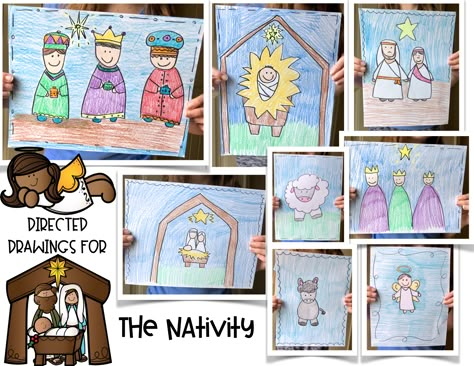 Directed Drawings for Hanukkah and the Nativity - First Grade Blue Skies Directed Drawing Christmas For Kids, Nativity Directed Drawing For Kids, Nativity Drawing For Kids, Directed Drawing For Kids Christmas, Nativity Art Projects For Kids, Christmas Directed Drawing For Kids, Directed Drawing Christmas, Christian Preschool Classroom, Christmas Directed Drawing