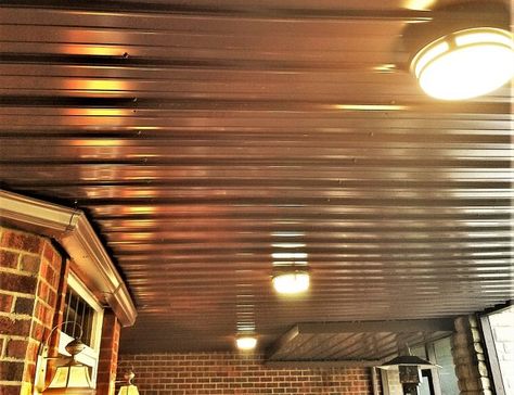 DIY UNDER DECK ROOF AND DRAINAGE SYSTEM PART 1 - Renee Romeo Under Deck Drainage System Diy, Tin Porch Ceiling, Roof Drainage Ideas, Under Deck Lighting, Under Deck Ceiling Ideas, Under Deck Roof, Deck Ceiling Ideas, Corrugated Ceiling, Deck Drainage System