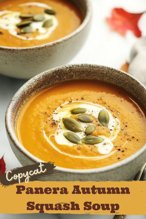 Creamy and cozy, this copycat Panera autumn squash soup has roasted butternut squash, earthy pumpkin, and warm spices. It’s hearty and totally comforting! Butternut Squash Soup Recipes Panera, Panera Copycat Butternut Squash Soup, Creamy Roasted Butternut Squash Soup, Best Ever Butternut Squash Soup, Roasted Butternut Squash Sweet Potato And Carrot Soup, What To Eat With Butternut Squash, Panara Bread Butternut Squash, Copycat Panera Butternut Squash Soup, Trader Joes Autumnal Harvest Soup Recipe