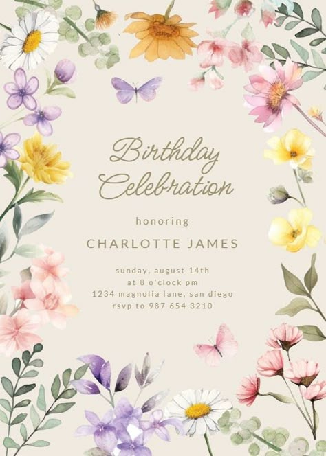 Wonderful Blossoms - Invitación de Cumpleaños | Greetings Island Lunch Invitation Template, Bday Invitation Card, Bridal Shower Invitations Free, Lunch Invitation, Milestone Birthday Invitations, Wedding Lunch, Greetings Island, Template Free Printable, Bday Invitations