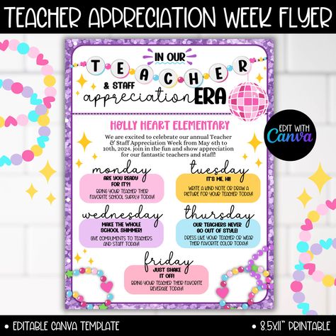 Teacher and Staff Appreciation Week Theme Flyer, Editable Canva Template PTA PTO Event Flyer, in My Era Taylor Inspired Themes Ideas - Etsy Eras Teacher Appreciation Week, Staff Appreciation Themes, Teacher Appreciation Week Themes, Teacher Appreciation Themes, Staff Appreciation Week, In My Era, Digital Printing Services, Staff Motivation, Themes Ideas