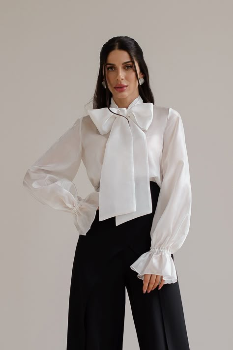 Fabric: Sheer See-through Puffed sleeve Ribbon -detail Long sleeves White Bow Shirt Outfit, Bow Collar Shirt, Satin Tops Blouses Classy, Bow Shirt Outfit, High Waist Palazzo Pants, Girlie Aesthetic, Tweed Skirt Suit, Monochromatic Looks, Vampire Fashion