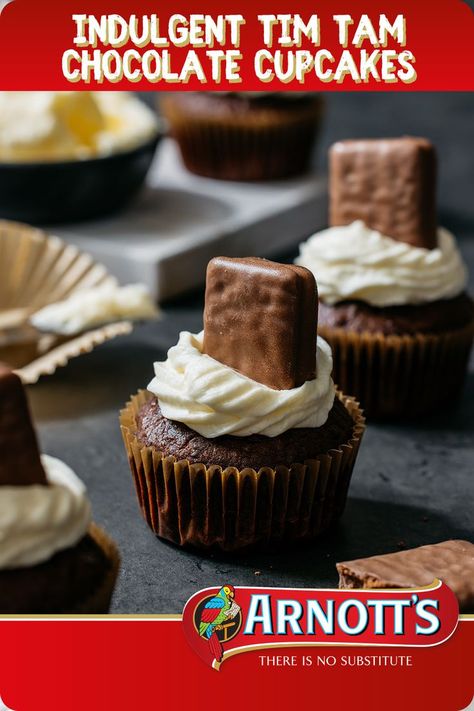 Close up shot of a chocolate cupcake topped with cream icing and a Tim Tam biscuit. Chocolat Cake, Delicious Cupcakes Recipes, Chewy Caramel, Moist Cupcakes, Chocolate Biscuits, Tim Tam, Cupcake Flavors, Mug Recipes, Cupcake Recipe