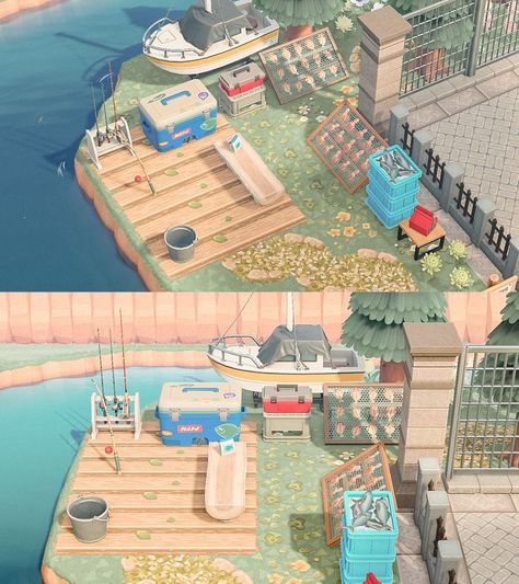 Acnh Island Area Ideas, Acnh Welcome Center, Fishing Area Animal Crossing, Acnh Summer Camp, Acnh Fishing Spot, Animal Crossing Fishing Area, Acnh Fishing Area, Acnh Park Ideas, Acnh Fish Market