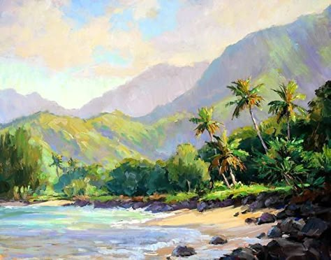 Hawaii oil paintings Waipa by Jenifer Prince Jenifer Prince, Beginner Painting On Canvas, Hawaii Painting, Tropical Painting, Hawaii Art, Hawaiian Art, Painting Nature, Easy Canvas Painting, Landscape Art Painting