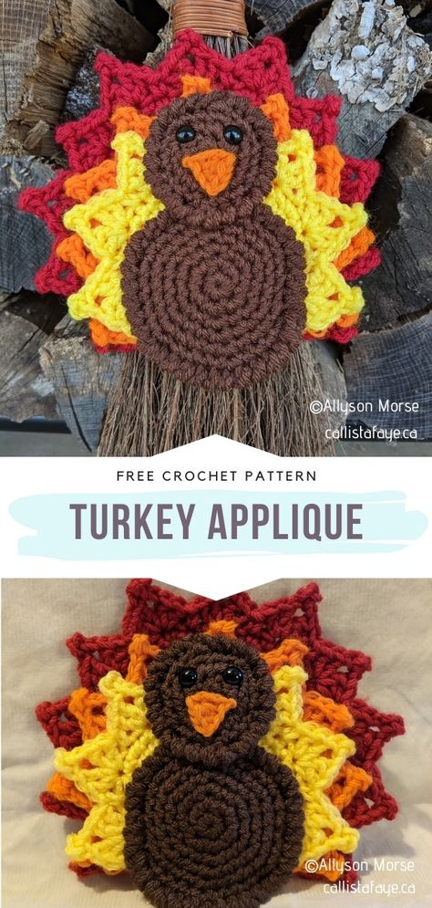 Thanksgiving Turkey and More - Ideas and Free Crochet Patterns Crochet Patterns Thanksgiving, Crochet Turkey Applique, Thanksgiving Free Crochet Patterns, Crochet Fall Applique, Crochet Turkey Coaster Free Pattern, Crochet Turkey Applique Free Pattern, Crochet Halloween Applique Patterns Free, Turkey Applique Pattern Free, Turkey Crochet Pattern Free