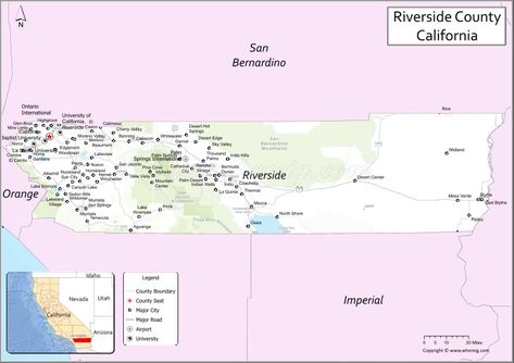 Map of Riverside County, California showing cities, highways & important places. Check Where is Riverside County Located, largest cities, population, areas, and travel info at Whereig.com. Riverside County California, Time Zone Map, States And Capitals, Riverside California, County Map, Riverside County, California Map, United States Map, Country Maps