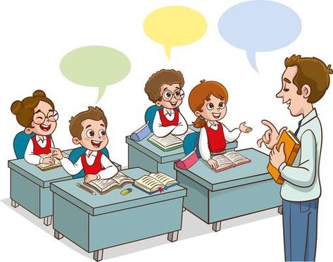 Pupils and teacher in classroom. School pedagogue teach lesson to pupil kids. Schools lessons at class cartoon vector illustration 23976551 Vector Art at Vecteezy Conversation In Classroom, Teacher Teaching Students Drawing, Teacher Teaching In Classroom Drawing, Classroom Illustration School, Students Sitting In Classroom Drawing, Teacher And Student Images, Teacher Teaching Students, Students In Classroom Cartoon, English Conversation For Kids