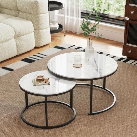 Amazon.com: Round Nesting Coffee Table, White Modern Decorative Coffee Center Table Set of 2,Round Sintered Stone 24'' Coffee Table for Living Room with Sturdy Metal Frame. : Home & Kitchen Nested Center Table, Round Nesting Coffee Table, Industrial Studio, Round Nesting Coffee Tables, Coffee Table For Living Room, Stone Table Top, Coffee Center, Nesting Coffee Table, Coffee Table Black